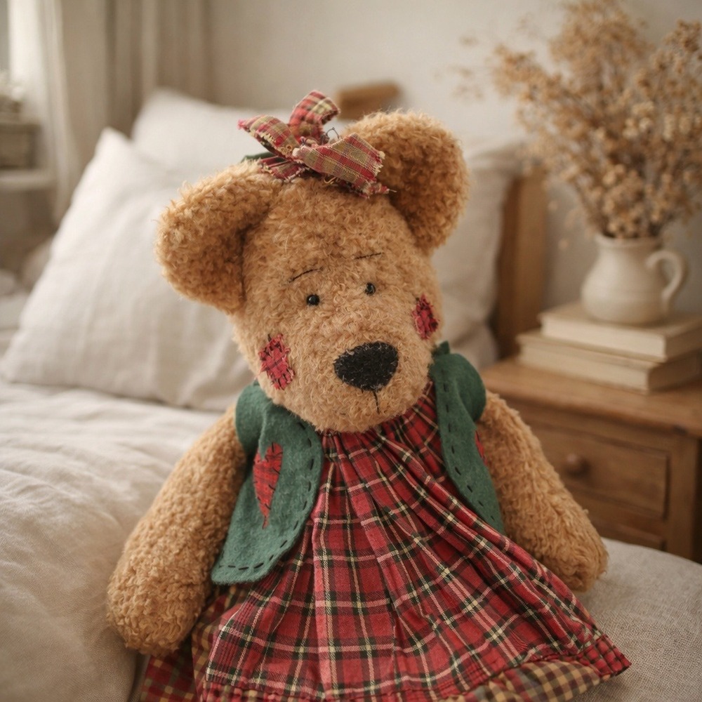 Vintage Style Primitive Teddy Bear Plaid Dress Green Felt Vest Rustic Plush
